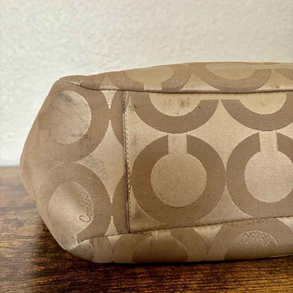 Coach Canvas Leather Tote Madison Tribeca Op Art Small Gold Tan Brown Pink Satin - Picture 14 of 15